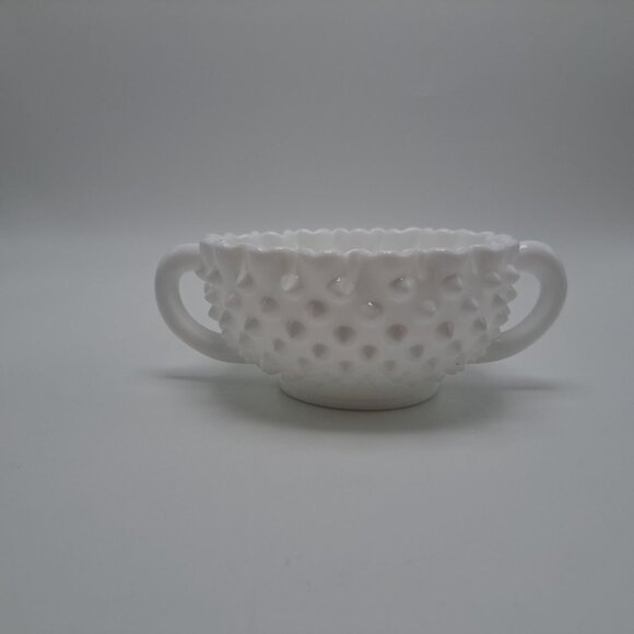 Fenton Milk Glass Hobnail Double Handled Nut Bowl - Picture 3 of 8